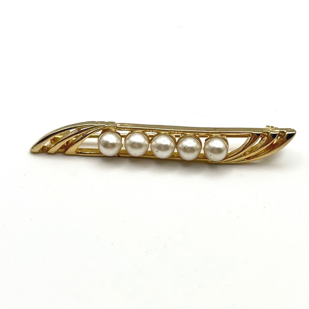 Vintage Gold Tone‎ Faux Pearl Bar Brooch Pin 2 Inch Linear Design